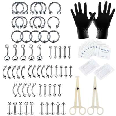84Pcs Professional Body Piercing Tool Kit Ear Lip Tongue Nose Navel Nipple Rings