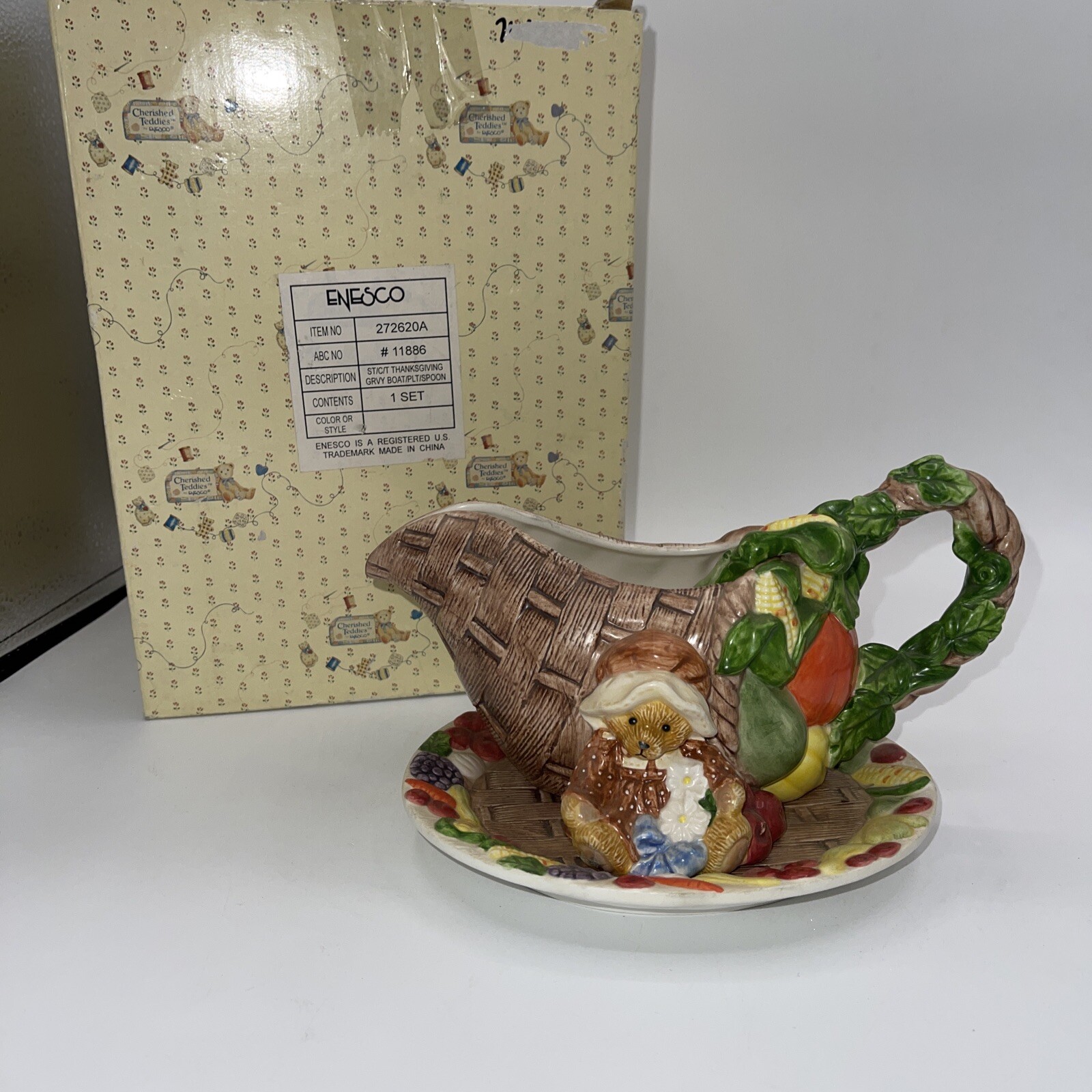Cherished Teddies Harvest Gravy Boat & Ladle Autumn Thanksgiving 272620