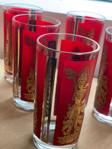 Set of 8 Vintage Culver Thai Goddess Pattern High Ball Glasses