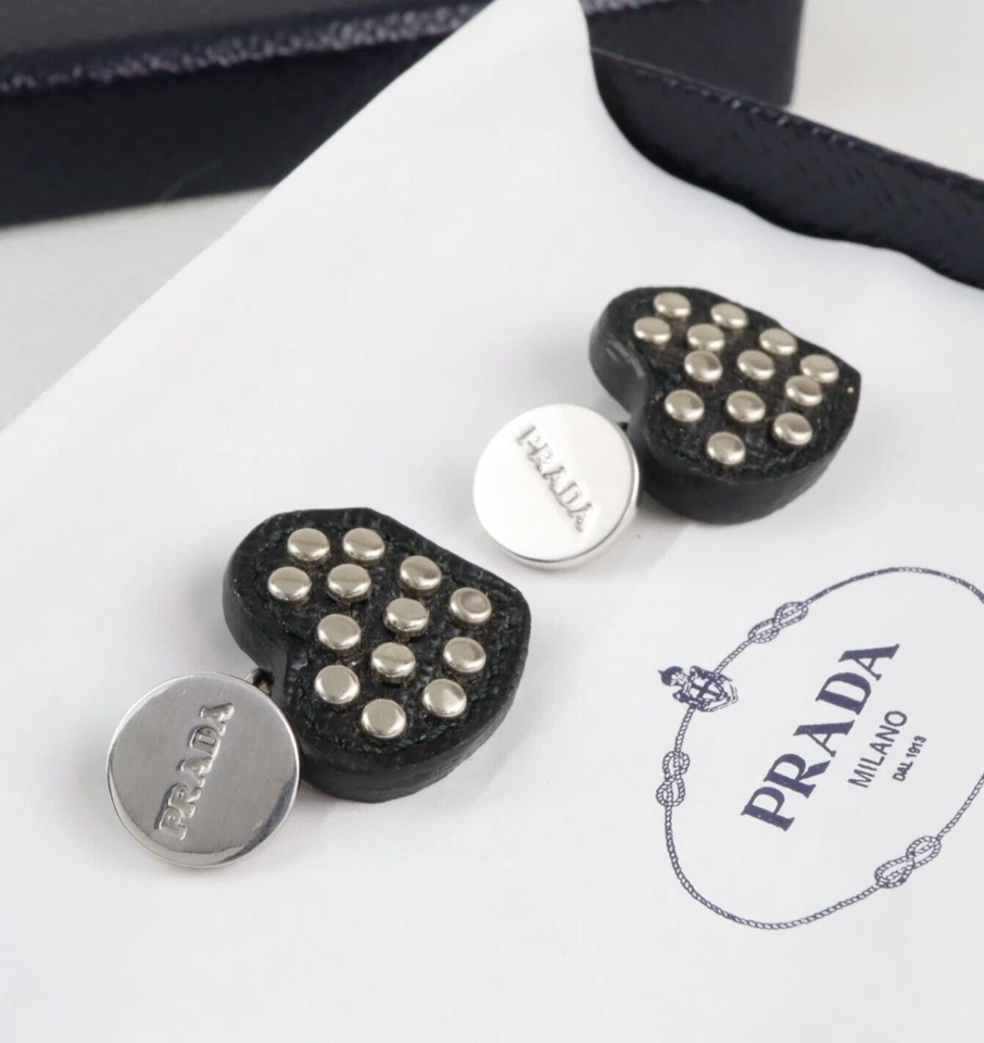 PRADA Cufflinks Heart Black Leather & Silver Studs Silver 925 Italy w/Box - Image 2 of 4