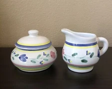 Caleca Italian Pottery Sugar & Creamer Set Hand Painted Floral Blue,Yellow, Pink