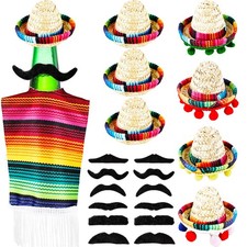 28 PCS Mini Sombrero Hats Set Bottles Topper Serapes Beer Poncho Beard Fiesta