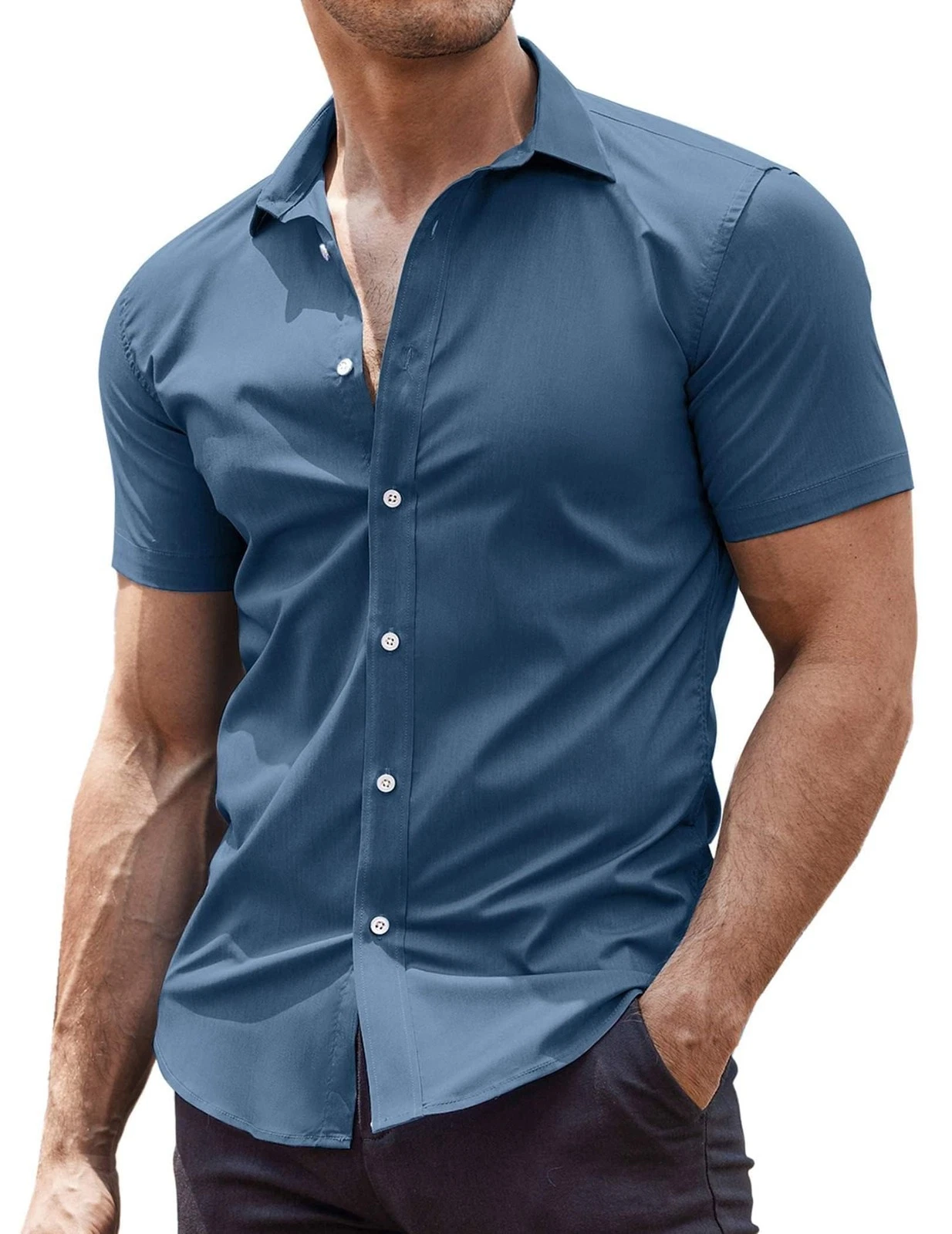 Men's Muscle Fit Dress Shirts Short Sleeve Button Down Shirt (grey blue,XL)