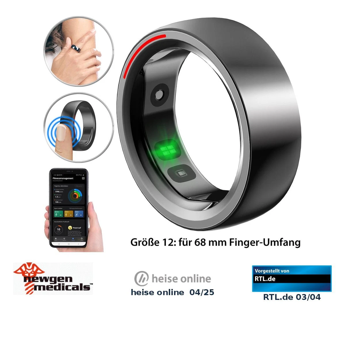 Fitness- & Schlaftracker-Ring mit Herzfrequenz- & SpO2-Anzeige, Gr. 68