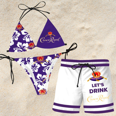 Crown Royal Striped Drinking Bikini & Beach Shorts For Couple
