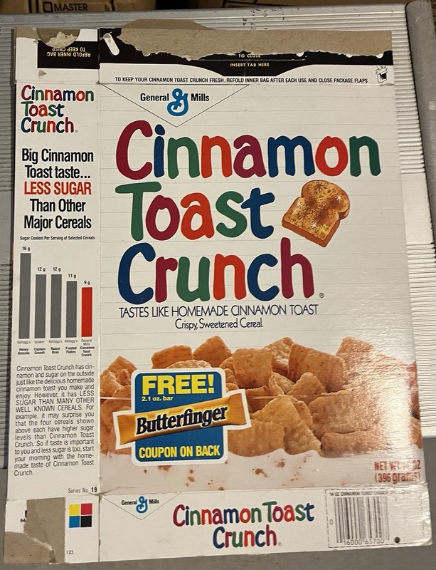 1986 General Mills Cinnamon Toast Crunch Cereal Box Butterfinger