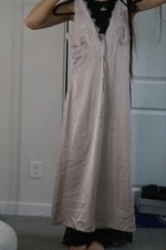 Women's Beige Satin Full Slip Satin Nightgown with Lace Trim