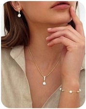 Gold Pearl Bridal Jewelry Set Necklace Bracelet Earrings Wedding Elegant Women