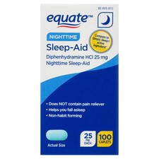 "Equate Diphenhydramine 25mg Sleep-Aid Caplets   Nighttime Relief, 100 Count"