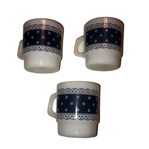 Anchor Hocking Fire King Glass Mugs Set Of 3 Blue Lace Polka Dots Vintage