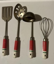 4 Vintage Child  s Kitchen Utensils Play Set, Metal W/ Red /White Wooden Handles