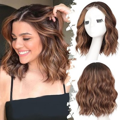 Brown Highlight Short Wavy 14in Women Natural Premium Hair Wig