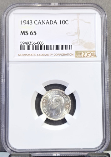 1943 CANADA SILVER 10 CENTS 10C GEORGE VI NGC MS 65 RARE GEM BU GREAT COIN