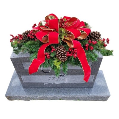 Headstone Saddle Red Berries, Pinecones, And Red - Artificial Grave Flowers