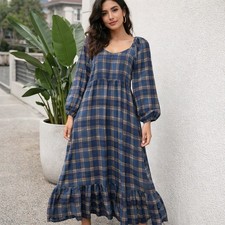 Cottagecore Navy Blue Maxi Dress Modest Balloon Long Sleeve Prairie Plaid Preppy