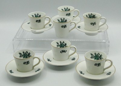 Vista Alegre Portugal 7 Demitasse Cups & 6 Saucers Green Flowers Gold Trim - EUC