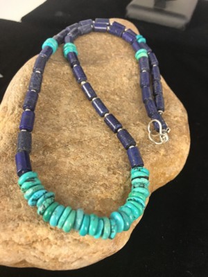 Blue Turquoise Lapis Navajo Pearls Sterling Silver Necklace 23'' 03245
