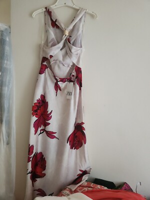 Zara floral print satin effect midi dress white Ecru /red Sz XL BNWT | eBay