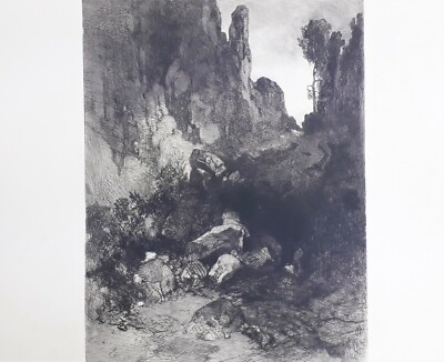 Alte Radierung, Felslandschaft, Rudolf Jettmar, Original 1898, Kunstverein Wien