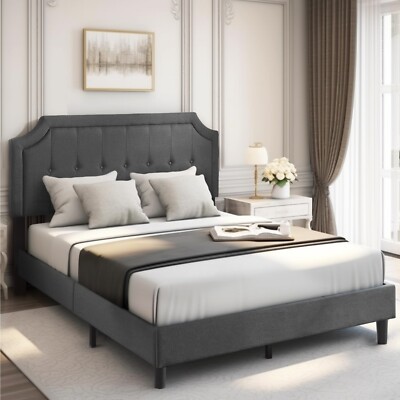 Queen Size Platform Bed Frame Velvet Adjustable Upholstered Headboard Noise Free
