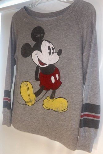 Disneyland Women's XS Mickey Mouse Gray Distressed #28 Jersey Sweatshirt - Picture 2 of 7