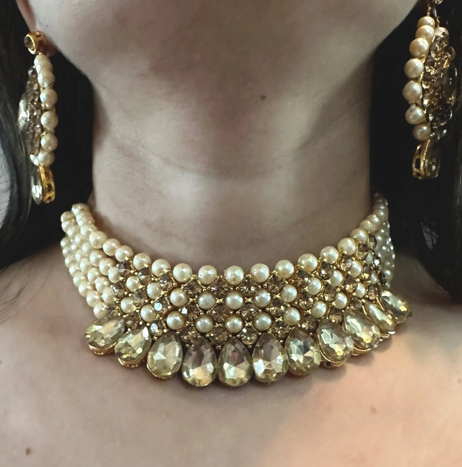 Conjunto de collar gargantilla Kundan nupcial de perlas de oro indio boda joyería semi nupcial Foto 2 de 2