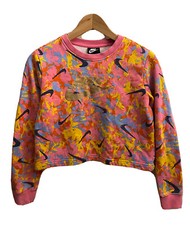 Nike Girls' Sportswear Graphic All Over Cropped Crew Sweatshirt Pink Sz XL EUC