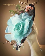 Big Kentucky Derby Fascinator Black Aqua Blue Rose Green Pink Cherry Blossom Hat