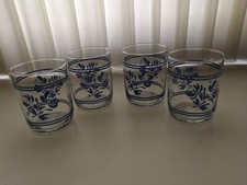 4 Vtg Retro Libbey "Flower Power" Blue Band Floral Glasses 3.25" x 4.25"