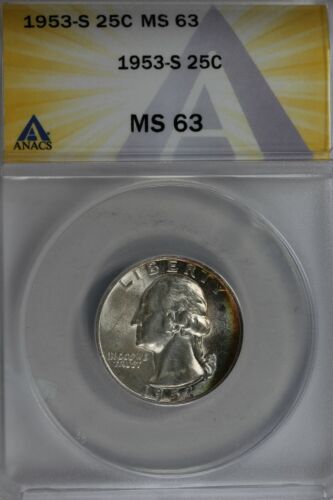 1953-S  .25   ANACS   MS 63    Washington Quarter, Silver 25 Cents (0.25) - Afbeelding 1 van 2