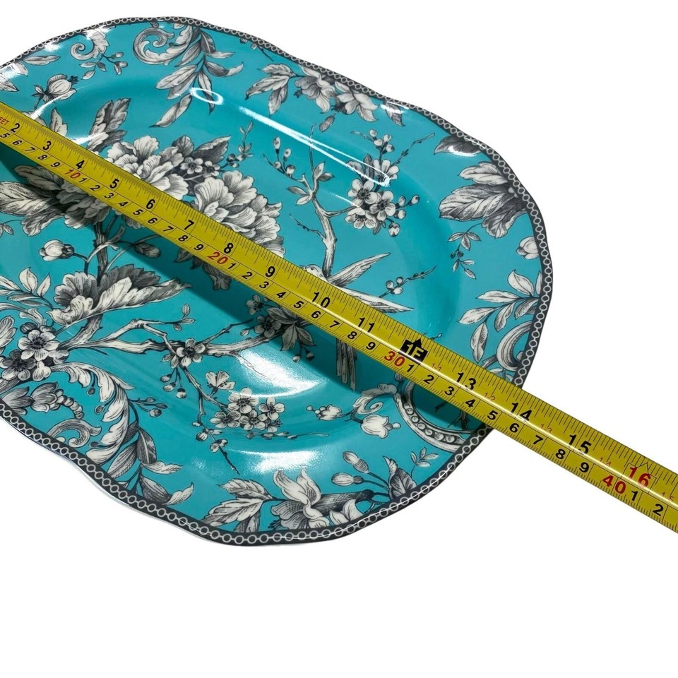 222 Fifth Adelaide Turquoise Blue Oval Serving Platter Toile Spring