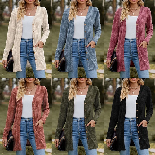Damen Strickjacke Langarm vorne offen drapiert Pullover Knopfleiste Basic Cardigan - Bild 23 von 32
