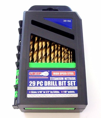 29pc GRIP TOOLS TITANIUM HIGH SPEED STEEL DRILL BIT SET HSS 1/16 - 1/2''  35150