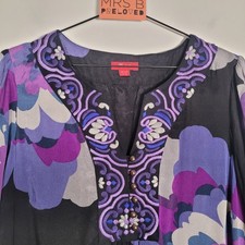 Monsoon Silk Dress 14 Black Purple Kaftan Embroidered Lined 3/4 Sleeves Holiday