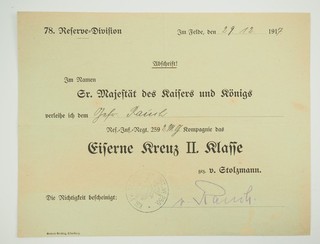 A08A66 Preussen: Eisernes Kreuz 1914 2. Klasse Urkunde MG Komp. R.I.R. Nr. 259