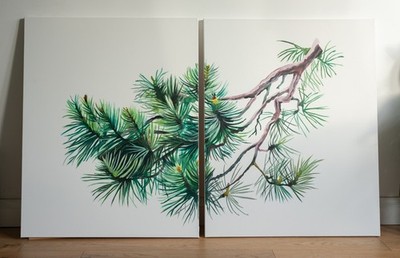 Original handbemalter Tannenzweig - große moderne Diptychon Leinwand