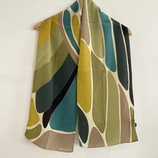 Jones New York Silk Rectangular Scarf Green Earthtones Abstract Retro Preppy