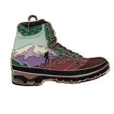 Vintage PD Bangladesh Enamel Hiking Boot Mountain Landscape Pendant Silver Tone