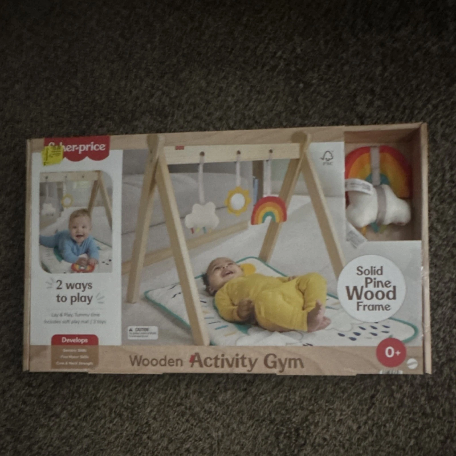 Fisher-Price Wooden Activity Gym Playmat Solid Pine Frame Rainbow Theme JCY38