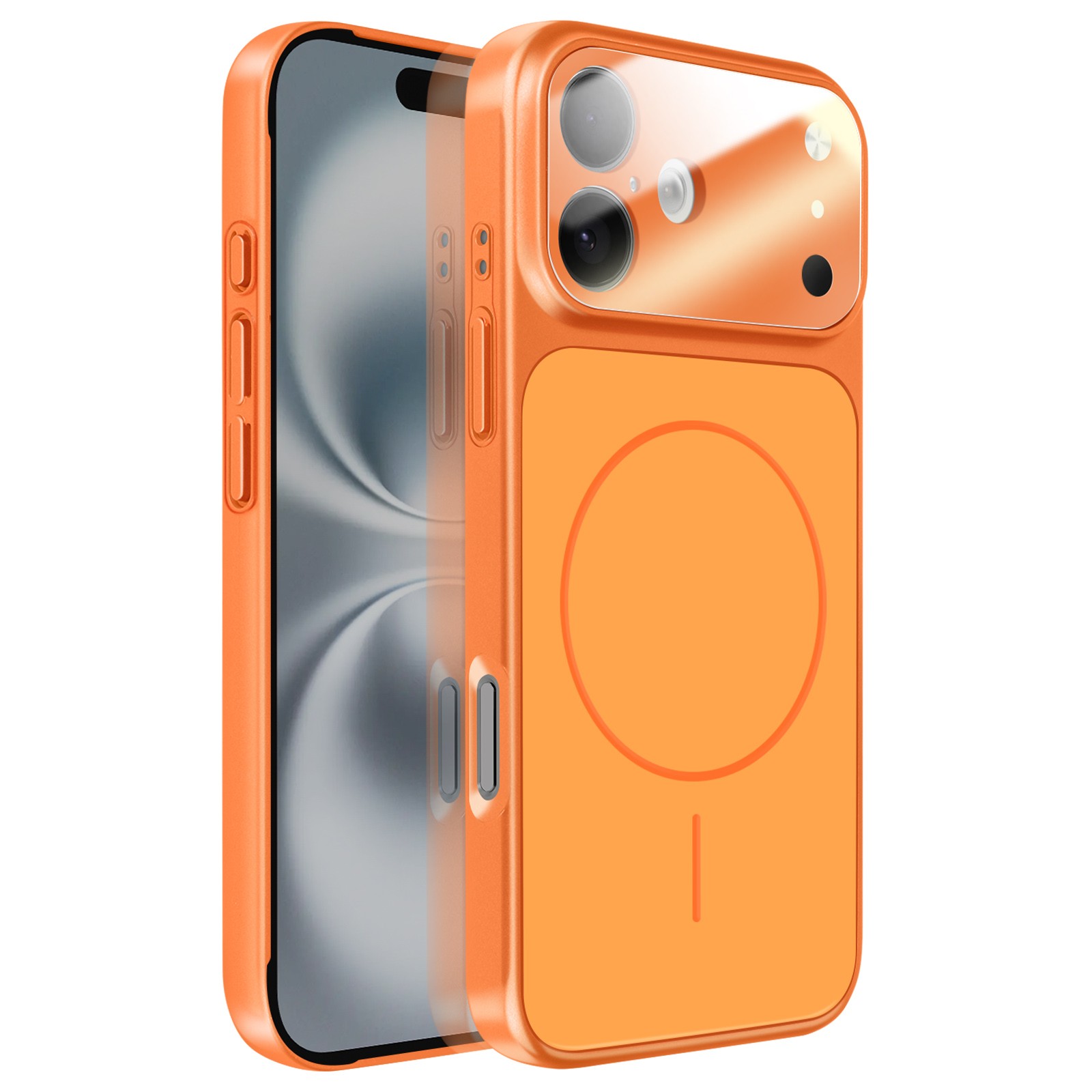 Coque iPhone 16 rigide orange avec verre de protection caméra arrière