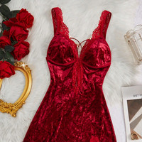 XMAS VELVET LACE NIGHTGOWN WOMEN DEEP V BACKLESS SLIM FIT SLEEP DRESS BURGUNDY