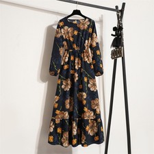Spring summer Women Maxi dress Long sleeves Printed--L--Chest: 42 inches
