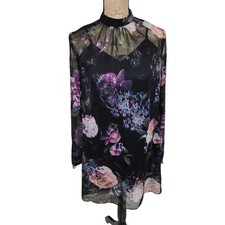 TJD Black Floral Mock Neck Sheer Long Sleeve Mini Dress Women's Size 8