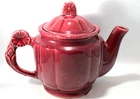 VTG Shawnee Stoneware Pottery 40's Red Tea Pot W/Rosette Handle and Final Top