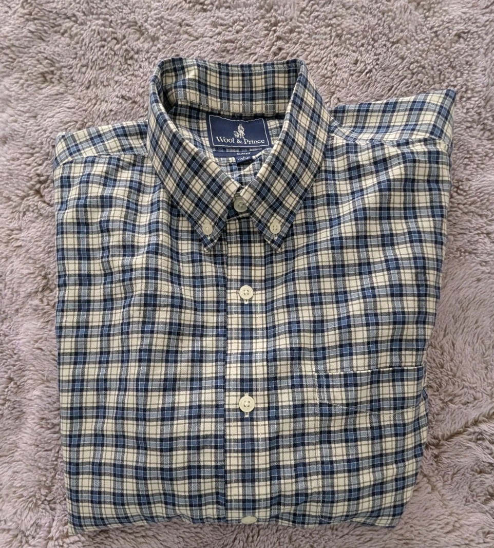 Wool & Prince Wool Button Down Shirt Lg Blue White Plaid Long Sleeve *flaw*Read