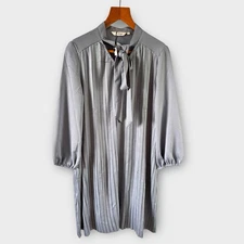 Pro Design Pleated Dress S Blue Tie Bow Collar Oversized Knee A-Line NEW