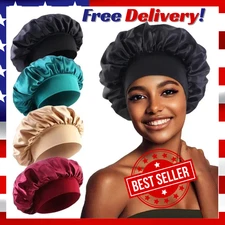 Women Satin Bonnet Night Sleep Cap Hair Hat Silk Head Cover Wide Elastic Band