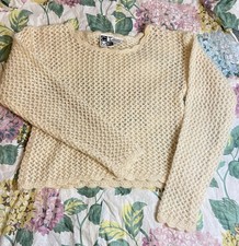 VTG 80s Sweater Womens Small Coquette Cream Mohair Blend Crop Scalloped Trim