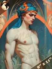 Sexy Young man bare chested - art deco setting Poster Print Gay LGBT 2551