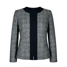 Kasper Boucle Blazer Size 6P Petite Black White Gold Black Trim Open Front